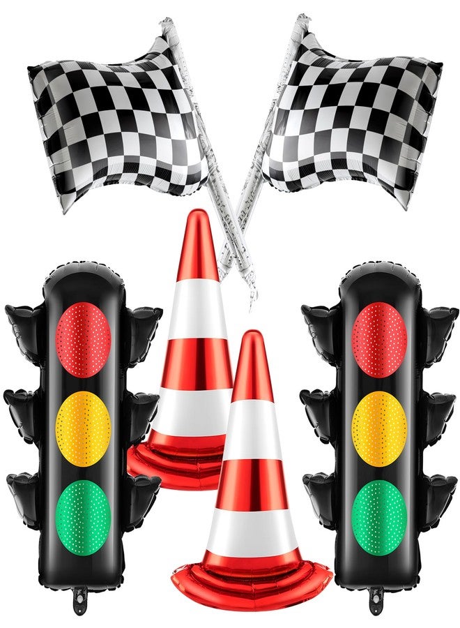 Charnoel 6 Pcs Race Car Birthday Party Decorations Set Traffic Light Balloons Traffic Cones White Checkered Foil Wheels Balloons for Race Car Transportation Baby Shower Racing Boy Birthday Supplies - Image 1